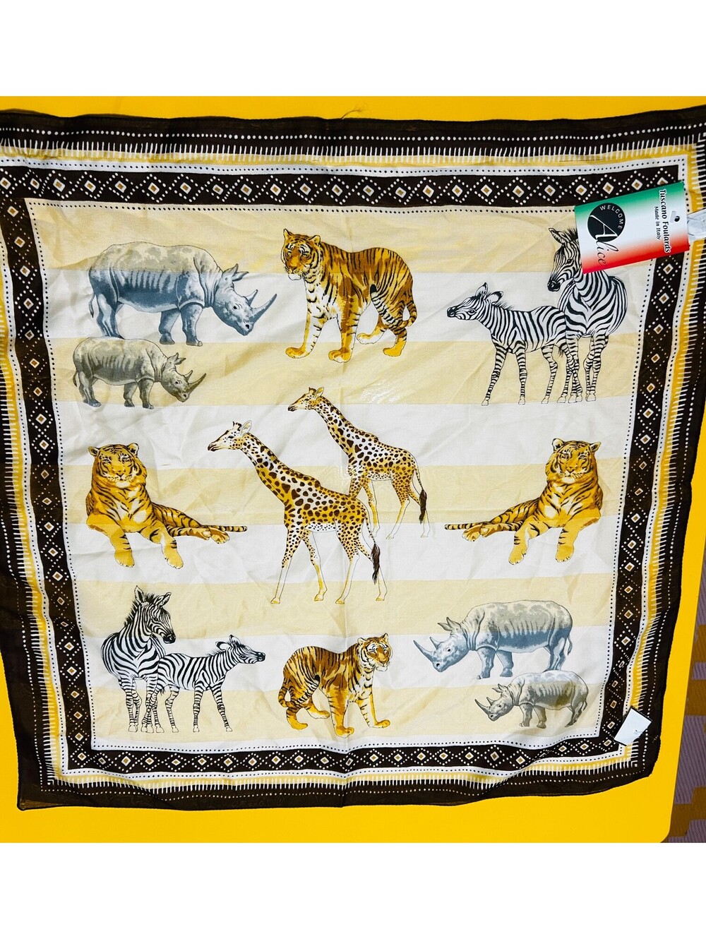 Tuscano Foulards Italy Safari Animal Mini Square Scarf Tiger Zebra Bandana NWT